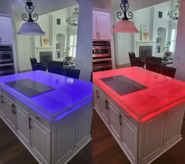 StoneGlow-LED-Sheet-CounterTop two countertops using StoneGlow LED sheets. Red and Blue LED lights